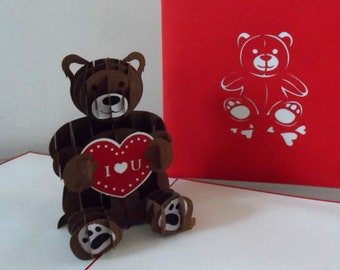 Teddy Bear and Heart I love you -3D popup Card -Mothers day - Anniversary - Birthday- (sku067)