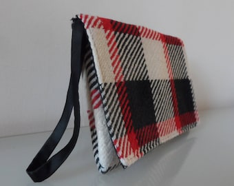 Black ,Cream and Red Check Tartan Design Clutch Bag -textile/evening/purse/wrist strap/present