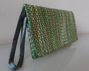 Green and Brown Tweed Clutch Bag -textile/purse/wrist strap/present