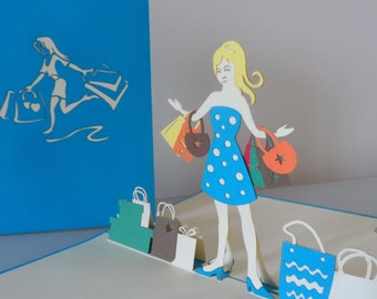 Girl About Town Shopping 3D - Pop up Card - Birthday - Congratulations - Hen Party (sku043)