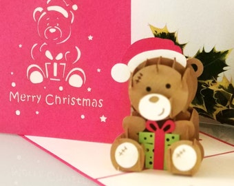 Merry Christmas Teddy Bear 3d - Pop up Card - Christmas  (sku420)