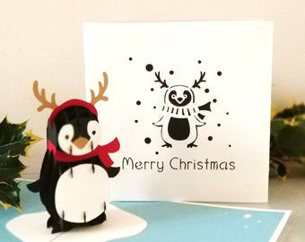 Merry Christmas Penguin -3D - Pop up Card - (sku407)