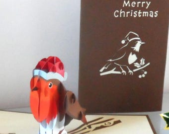 Robin with Santa Hat 3d - Pop up Card - Christmas (sku408)