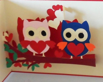 Owls- Love- Heart - 3D- Pop up Card- I Miss You - Anniversary - Engagement - Wedding - Birthday (sku064)