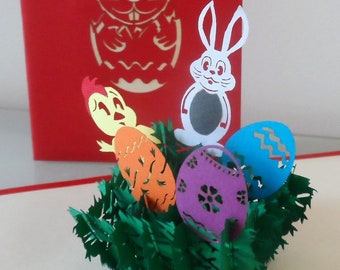 Easter Card- 3D - Pop up Card -Easter basket - Chicken - rabbit - Easter eggs- children (sku007)