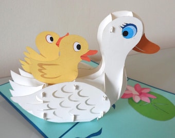 Swan with Chicks 3D- Pop up Card -  Congratulations- New Baby- Birthday (SKU037)