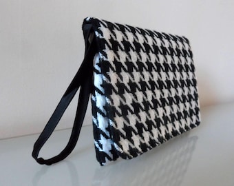 Black and Cream Dog Tooth Check Clutch Bag -textile/purse/wrist strap/present