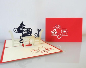 Cats and Goldfish -3d Pop up Card - Birthday- Get Well- Pets -Blank (sku157)