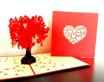 Red and Pink Heart Tree 3D - Pop up Card - Love- Engagement- Anniversary - Wedding  (sku154)
