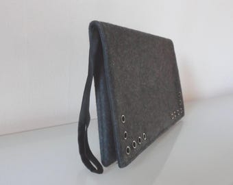 Grey Felt with Eyelet Design Clutch Bag -textile/evening/purse/wrist strap/present