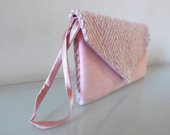 Pale Pink Tweed and Suede Clutch Bag -textile/suede/evening/wedding/purse/wrist strap/present