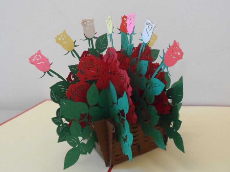 Roses Basket 3D Pop up Card Birthday love | Etsy
