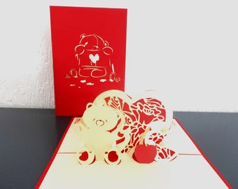 Teddy Bear -Hearts -3D- Pop up Card - Love - Birthday - Anniversary - Engagement - Wedding  (SKU137)