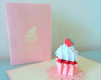 Strawberry and Cream Cupcake Muffin - 3D - Pop up Card - Birthday- Hen party- Get Well (SKU 044)