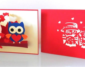 Owls- Love- Heart - 3D- Pop up Card- I Miss You - Anniversary - Engagement - Wedding - Birthday (sku064)