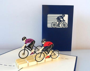 Cyclists Bikers Cycling-3d -Pop up Card -  Fathers Day- Birthday -Congratulations (sku048)