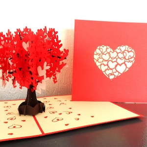 Árbol de corazones rojo y rosa en 3D: tarjeta desplegable para el Día de la Madre, el Amor, el Compromiso, el Aniversario y la Boda (sku154)