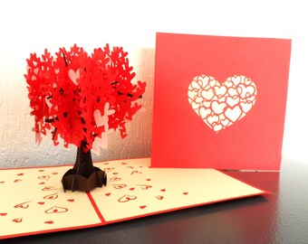 Red and Pink Heart Tree 3D - Pop up Card -Mothers day - Love- Engagement- Anniversary - Wedding  (sku154)