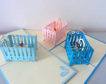 New Baby Boy Girl in Cot Cradle -3D Pop up Card - Birth-Baby shower-Christening (sku045)