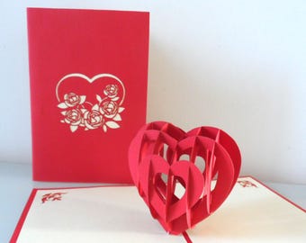Red Love Heart 3D - Pop up Card - Love -Anniversary- Wedding (sku016)