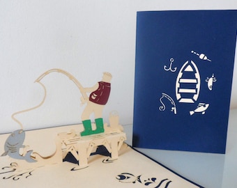 Fisherman -Gone Fishing - 3D - Pop up Card - Father's day- Retirement -Birthday (sku156a)
