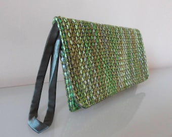 Green and Brown Tweed Clutch Bag -textile/purse/wrist strap/present