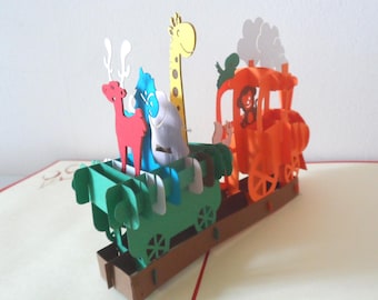 Train - Animals- 3D - Pop up Card - Children- Birthday (sku018)