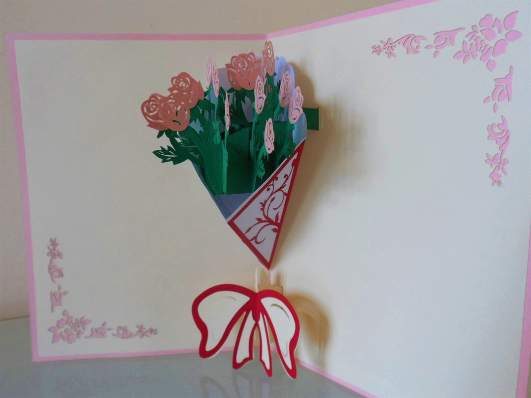 Pink Roses Flower Bouquet- 3D - Pop up Card - Mothers Day - Anniversary ...