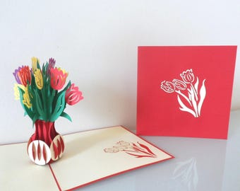 Tulips in Vase- 3D - Pop up Card-Birthday- Get Well- Anniversary(sku024)