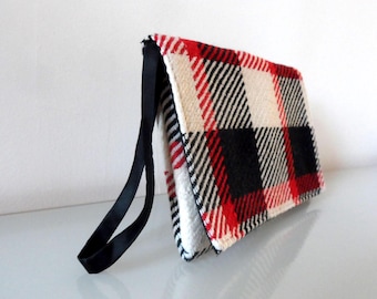 Black ,Cream and Red Check Tartan Design Clutch Bag -textile/evening/purse/wrist strap/present