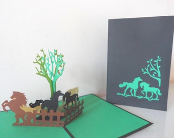 Horses -3d - Pop up Card - Father's day -  Birthday- Well Done- Congratulations- Blank (sku158)