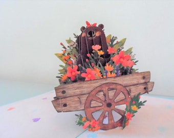 Bear with Flowers and Butterfly- 3D - Pop up Card -Birthday -Get well- Anniversary (sku068)