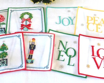 Christmas Embroidered Linen Cocktail Napkins Set of 4