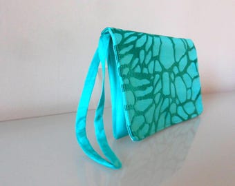 Turquoise Silk Embroidered Clutch  Bag -textile/evening/purse/wrist strap/present