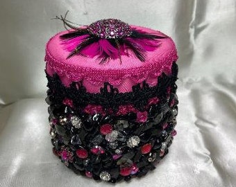 Hot Pink/Fuchsia and Black Feathered Rhinestone Brooch Glass Jewelry Box Trinket Box