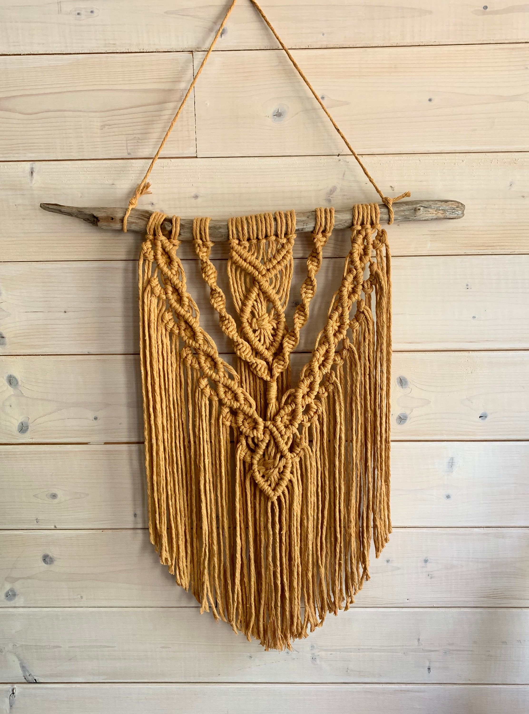 Macrame Jaune Moutarde Tenture Murale Macrame Mural Sur Bois Flotte Decoration Murale Chambre Fille Chambre Bebe Cuisine Salon Boho