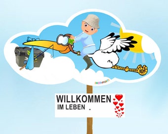 SET Babystorch /& Baby JUNGE /& Tafel für draußen Geburt Storch-Holz Holzstorch