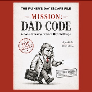 以下が含まれることがあります： 父の日脱出ゲームの表紙「MISSION: DAD CODE」。ブルドッグの探偵がブリーフケースと懐中電灯を持っています。「Ages 8-14」と「Hard Mode」のテキストが含まれています。背景は赤色です。