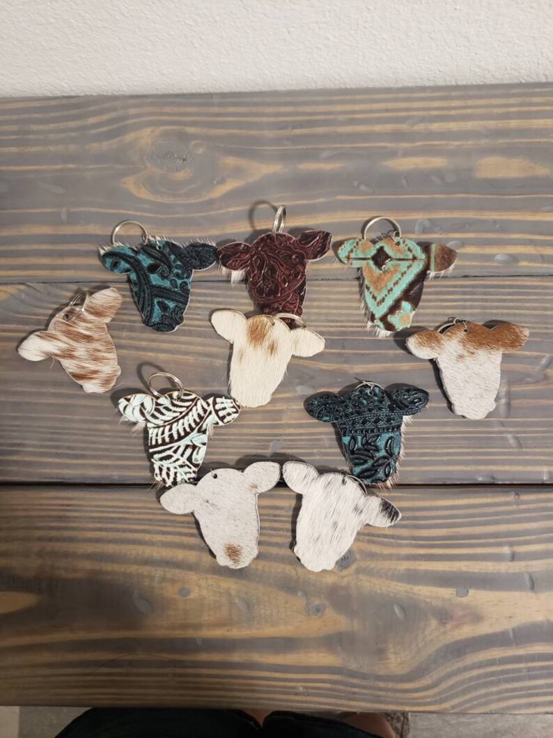 Cowhide Cow Head Keychains Etsy