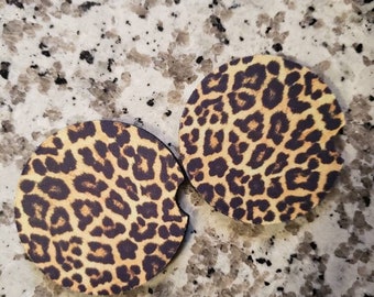 Leopard Car Coasters (Set of 2 Rubber or Sandstone Car Coasters)