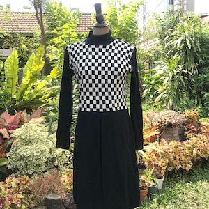 90s Rudy Japan Chess Check Black White Long Sleeve Acrylic Dress Sz S