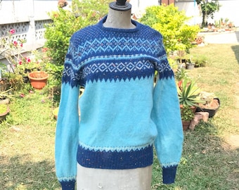VTG United Color Of Benetton Nordic Blue Wool lady Sweater Italy 46