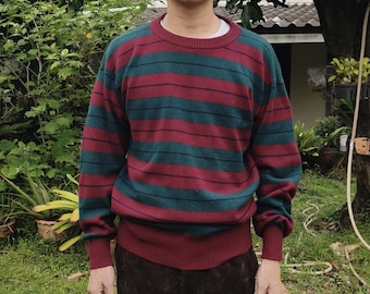 80s Brooks Brothers Red Green Striped Sweater Sz M