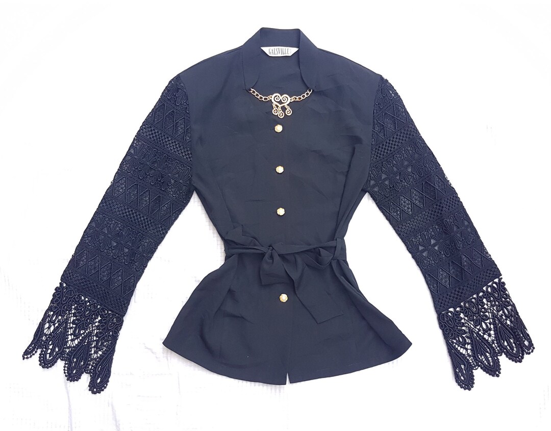Galsville Tokyo Black Top Tie Belt Blouse 9R Etsy