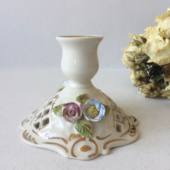 Vintage 60s FP Fena Porzellan Porcelain Hand Painted Candle Holder Rose Decor
