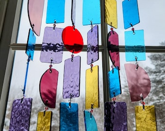 Purple Teal Pink Yellow Red Glass Art Wind Chime for Inside or Outside to Attract Good Luck, Positive Energy Repet Negative Energy.