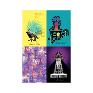 May include: A collage of four images depicting the life and work of Nikola Tesla. The top left image shows a cartoon of Tesla sitting in a chair with a swirling pattern behind him. The top right image shows a diagram of a Tesla coil. The bottom left image shows a swirling pattern of lines in purple, pink, and yellow. The bottom right image shows a black and white illustration of the Wardenclyffe Tower.