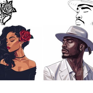 May include: A woman with long black hair and a red rose in her hair, wearing a black off-the-shoulder top. A man with a white hat and a white jacket, wearing a gold chain necklace.
