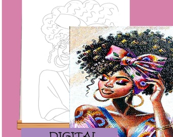 African American Woman Pre-Drawn Canvas: Sip and Paint Party DIY