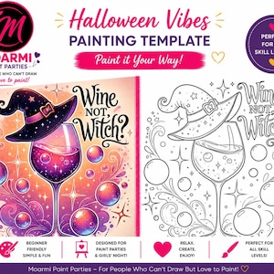Puede incluir: Una plantilla de pintura Halloween Vibes que muestra una ilustración a color y una versión en blanco y negro de una copa de vino con un sombrero de bruja, rodeada de burbujas y estrellas, con el texto Wine Not Witch? impreso en ambas.